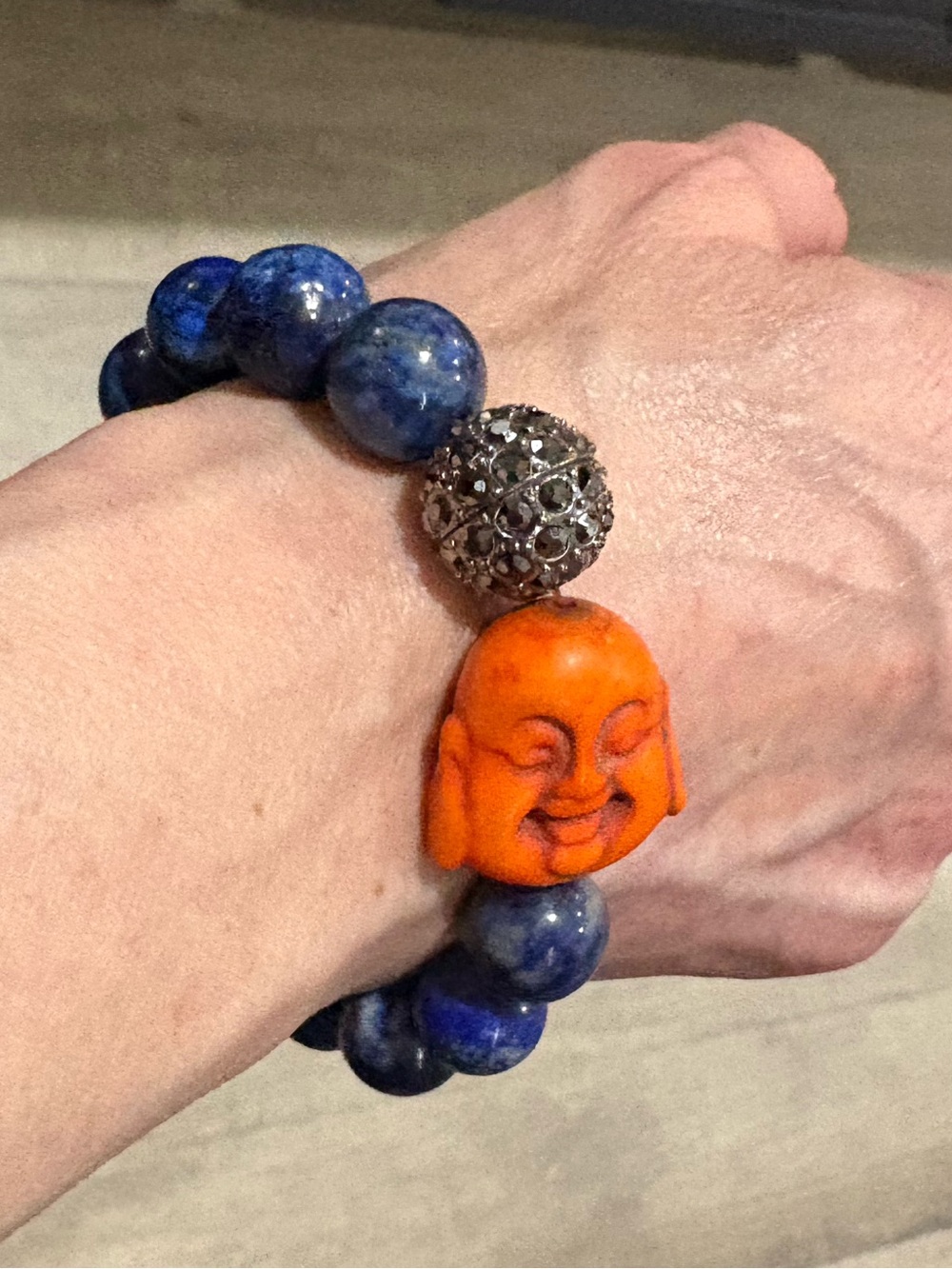 Vintage Lapis Lazuli Buddha Stretch Bracelet Crystal Pave Bead Artisan OOAK